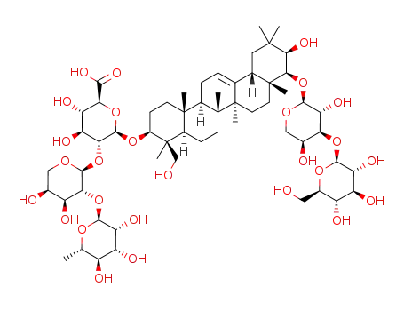 Molecular Structure of 1161733-94-3 (22-O-β-D-glucopyranosyl-(1->3)-α-L-arabinopyranosyl-3-O-α-L-rhamnopyranosyl-(1->2)-α-L-arabinopyranosyl-(1->2)-β-D-glucuronopyranosyl-soyasapogenol A)