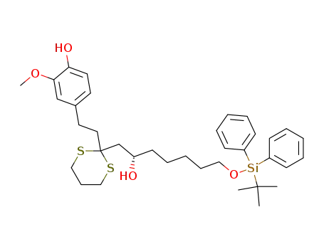 Molecular Structure of 146830-57-1 ((+)(6S)-10-(4-Hydroxy-3-methoxyhenyl)-8,8-(1,3-propanediyldithio)-6-hydroxy-1-<(tert-butyldiphenylsilyl)oxy>decane)