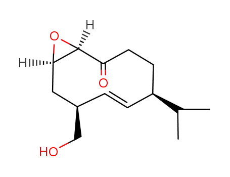 Molecular Structure of 123536-67-4 ((4S,5E,7S,9R,10R)-9,10-epoxy-7-hydroxymethyl-4-isopropyl-5-cyclodecen-1-one)