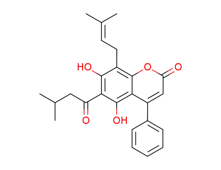 Molecular Structure of 18483-64-2 (4-Phenyl-5,7-dihydroxy-6-(3-methylbutanoyl)-8-(3-methyl-2-butenyl)-2H-1-benzopyran-2-one)