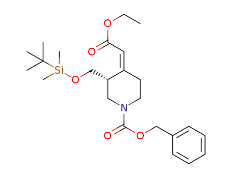 Molecular Structure of 1269788-48-8 (benzyl (R,Z)-3-((tert-butyldimethylsilyloxy)methyl)-4-(2-ethoxy-2-oxoethylidene)piperidine-1-carboxylate)