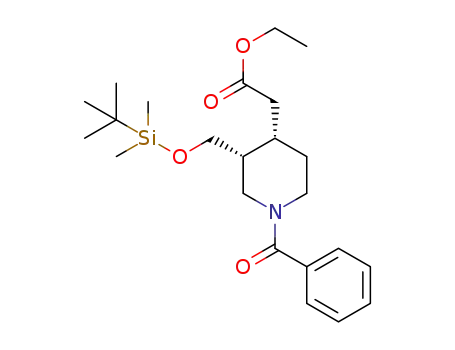 Molecular Structure of 1269788-51-3 (ethyl 2-((3R,4S)-1-benzoyl-3-((tert-butyldimethylsilyloxy)methyl)piperidin-4-yl)acetate)
