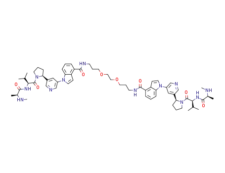 Molecular Structure of 1381992-68-2 (1H-Indole-4-carboxamide, N,N'-[1,2-ethanediylbis(oxy-3,1-propanediyl)]bis[1-[5-[(2S)-1-(N-methyl-L-alanyl-L-valyl)-2-pyrrolidinyl]-3-pyridinyl]-)
