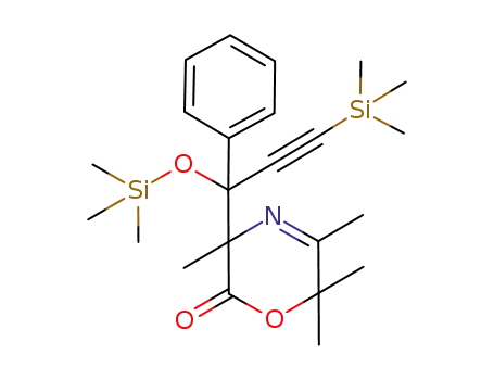 Molecular Structure of 245343-75-3 (3,5,6,6-tetramethyl-3-(1-phenyl-3-methylsilanyl-1-trimethylsilanyloxyprop-2-ynyl)-3,6-dihydro[1,4]oxazin-2-one)