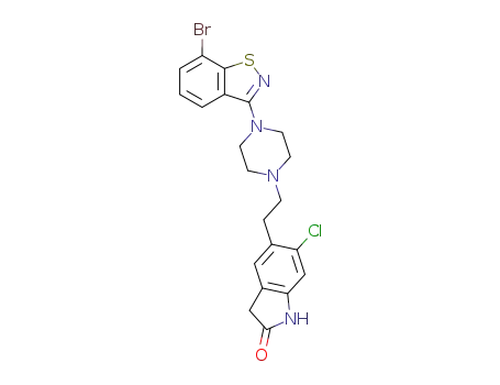 Molecular Structure of 155167-99-0 (5-(2-(4-(7-bromo-1,2-benzisothiazol-3-yl)piperazinyl)-ethyl)-6-chloro-1,3-dihydro-2H-indol-2-one)