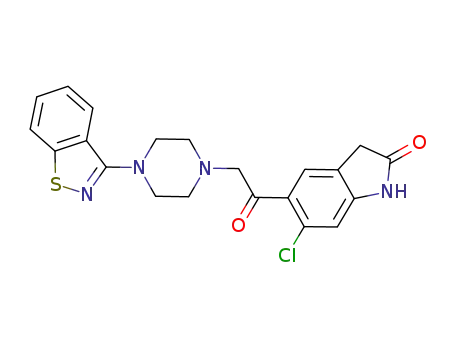 Molecular Structure of 884305-07-1 (5-(2-(4-(1,2-benzisothiazole-3-yl)-1-piperazinyl)-1-oxoethyl)-6-chloro-1,3-dihydro-2H-indole-2-one)