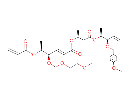 Molecular Structure of 566203-39-2 (2,5,7,12-Tetraoxapentadec-9-en-15-oic acid,
13-methyl-11-oxo-8-[(1S)-1-[(1-oxo-2-propenyl)oxy]ethyl]-,
(1S,2R)-2-[(4-methoxyphenyl)methoxy]-1-methyl-3-butenyl ester,
(8R,9E,13S)-)