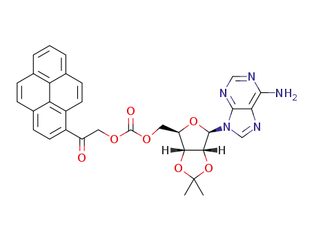 Molecular Structure of 1449331-32-1 ((4-(6-amino-9H-purin-9-yl)-tetrahydro-2,2-dimethylfuro[3,4-d][1,3]dioxol-6-yl)methyl 2-oxo-2-(pyren-1-yl)ethyl carbonate)