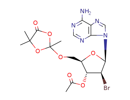 Molecular Structure of 90144-66-4 (9-(3-O-acetyl-2-bromo-2-deoxy-5-O-(2,4,4-trimethyl-5-oxo-1,3-dioxolan-2-yl)-β-D-arabinofuranosyl)adenine)