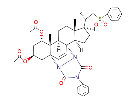 Molecular Structure of 131249-28-0 (22-Phenylsulfonyl-5α,8α-(4-phenyl-3,5-dioxo-1,2,4-triazolidine-1,2-diyl)-23,24-dinor-6-cholene-1α,3β-diyl Diacetate)