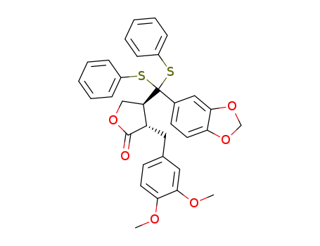 Molecular Structure of 78473-72-0 (2(3H)-Furanone,
4-[1,3-benzodioxol-5-ylbis(phenylthio)methyl]-3-[(3,4-dimethoxyphenyl)
methyl]dihydro-, trans-)