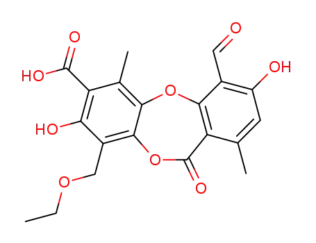 Molecular Structure of 489-49-6 (9-ethoxymethyl-4-formyl-3,8-dihydroxy-1,6-dimethyl-11-oxodibenzo[b,e][1,4]dioxepin-7-carboxylic acid)