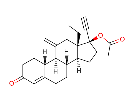 Molecular Structure of 187538-71-2 (Acetic acid (8S,9S,10R,13S,14S,17R)-13-ethyl-17-ethynyl-11-methylene-3-oxo-2,3,6,7,8,9,10,11,12,13,14,15,16,17-tetradecahydro-1H-cyclopenta[a]phenanthren-17-yl ester)