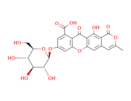 Molecular Structure of 82850-45-1 (8-(beta-D-glucopyranosyloxy)-12-hydroxy-3-methyl-1,11-dioxo-1H,11H-pyrano[3,4-b]xanthene-10-carboxylic acid)