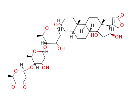 14,16β-dihydroxy-3β-(<i>O</i><sup>4</sup>-{<i>O</i><sup>4</sup>-[(<i>R</i>)-1-((<i>R</i>)-1-methyl-2-oxo-ethoxy)-3-oxo-propyl]-β-<i>D</i>-<i>ribo</i>-2,6-dideoxy-hexopyranosyl}-β-<i>D</i>-<i>ribo</i>-2,6-dideoxy-hexopyranosyloxy)-(5β,14β)-card-20(22)-enolide