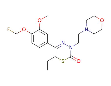 Molecular Structure of 519015-10-2 (2-morpholinoethyl-5-(3-methoxy-4-fluoromethoxyphenyl)-6-ethyl-3,6-dihydro-1,3,4-thiadiazin-2-one)