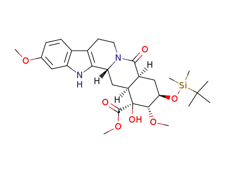 Molecular Structure of 185810-98-4 ((1S,2S,3R,4aS,13bR,14aS)-3-(tert-Butyl-dimethyl-silanyloxy)-1-hydroxy-2,11-dimethoxy-5-oxo-1,2,3,4,4a,5,7,8,13,13b,14,14a-dodecahydro-indolo[2',3':3,4]pyrido[1,2-b]isoquinoline-1-carboxylic acid methyl ester)
