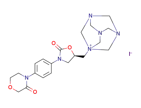 Molecular Structure of 1403383-52-7 (1-{(R)-2-oxo-3-[4-(3-oxomorpholin-4-yl)phenyl]oxazolidin-5-ylmethyl}-3;5,7-triaza-1-azoniatricyclo[3.3.1.1(3,7)]decane iodide)