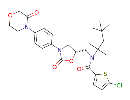 Molecular Structure of 1313613-23-8 (5-chloro-N-tert-octyl-N-{[(5S)-2-oxo-3-[4-(3-oxomorpholin-4-yl)phenyl]oxazolidin-5-yl]methyl}thiophene-2-carboxamide)