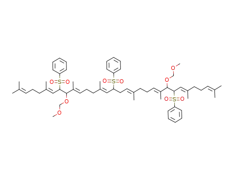 Molecular Structure of 1116695-24-9 (8,16,25-tris(benzenesulfonyl)-2,6,10,14,19,23,27,31-octamethyl-2,6,10,14,18,22,26,30-dotriacontaoctaene-9,24-diol, bis(methoxymethyl) ether)