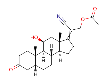 Molecular Structure of 102213-14-9 (22-acetoxy-11β-hydroxy-3-oxo-23,24-dinor-5β-chol-17(20)ξ-ene-21-nitrile)