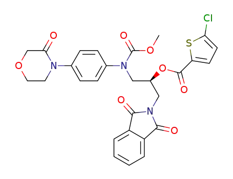 Molecular Structure of 1263103-47-4 (5-chloro-thiophene-2-carboxylic acid-1-(1,3-dioxo-1,3-dihydro-isoindol-2-ylmethyl)-2-{methoxycarbonyl-[4-(3-oxo-morpholin-4-yl)-phenyl]-amino}-ethyl ester)