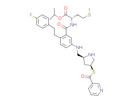Molecular Structure of 345915-10-8 (N-[2-[2-(4-fluorophenyl)ethyl]-5-[[[(2S,4S)-4-[(3-pyridinylcarbonyl)thio]-2-pyrrolidinyl]methyl]amino]benzoyl]-L-Methionine  1-methylethyl  ester)