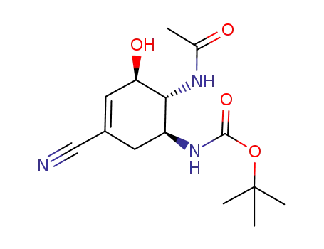 Molecular Structure of 927395-71-9 (tert-butyl [(1S,5R,6R)-6-acetylamino-3-cyano-5-hydroxycyclohex-3-en-1-yl]carbamate)