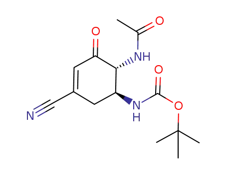 Molecular Structure of 930275-47-1 ((6-acetylamino-3-cyano-5-oxo-cyclohex-3-enyl)-carbamic acid <i>tert</i>-butyl ester)