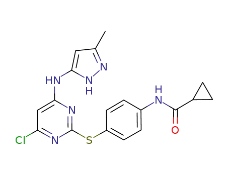 Molecular Structure of 639090-55-4 (Yclopropanecarboxylic acid N-[4-[[4-chloro-6-(5-methyl-2H-pyrazol-3-ylamino)pyrimidin-2-yl]sulfanyl]phenyl]amide)