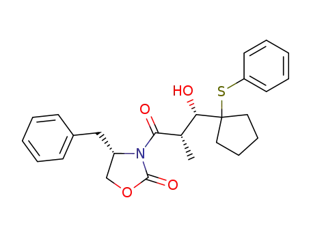 Molecular Structure of 138649-96-4 ((4S)-3-<(2S,3S)-3-hydroxy-2-methyl-1-oxo-3-(1-phenylsulfanylcyclopentyl)propyl>-4-phenylmethyl-1,3-oxazolidin-2-one)