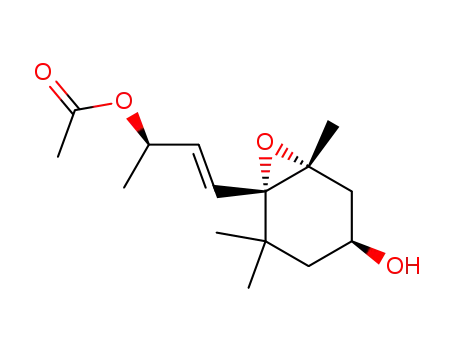 Molecular Structure of 863032-35-3 (Acetic acid (E)-(R)-3-((1S,4S,6R)-4-hydroxy-2,2,6-trimethyl-7-oxa-bicyclo[4.1.0]hept-1-yl)-1-methyl-allyl ester)