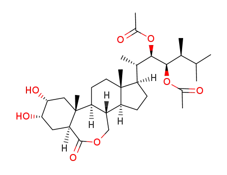 Molecular Structure of 106315-18-8 (Acetic acid (1R,2R,3S)-2-acetoxy-1-[(S)-1-((1R,3aS,3bS,6aS,8S,9R,10aR,10bS,12aS)-8,9-dihydroxy-10a,12a-dimethyl-6-oxo-hexadecahydro-5-oxa-benzo[3,4]cyclohepta[1,2-e]inden-1-yl)-ethyl]-3,4-dimethyl-pentyl ester)