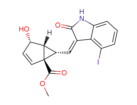 Molecular Structure of 321172-88-7 ((1R,4S,5R,6S)-4-Hydroxy-6-[4-iodo-2-oxo-1,2-dihydro-indol-(3Z)-ylidenemethyl]-bicyclo[3.1.0]hex-2-ene-1-carboxylic acid methyl ester)