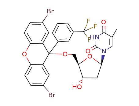 Molecular Structure of 136345-33-0 (Thymidine,
5'-O-[2,7-dibromo-9-[3-(trifluoromethyl)phenyl]-9H-xanthen-9-yl]-)