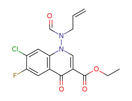 Molecular Structure of 88569-38-4 (3-Quinolinecarboxylic acid,
7-chloro-6-fluoro-1-(formyl-2-propenylamino)-1,4-dihydro-4-oxo-, ethyl
ester)