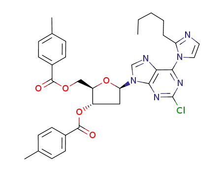 Molecular Structure of 914084-44-9 (2-chloro-9-[2-deoxy-3,5-di-O-(p-toluoyl)-β-D-erythro-pentofuranosyl]-6-(2-pentylimidazol-1-yl)purine)