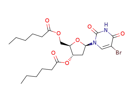 Molecular Structure of 123760-35-0 (Hexanoic acid (2R,3S,5R)-5-(5-bromo-2,4-dioxo-3,4-dihydro-2H-pyrimidin-1-yl)-2-hexanoyloxymethyl-tetrahydro-furan-3-yl ester)