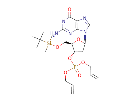 Molecular Structure of 112677-88-0 (3'-Guanylic acid, 2'-deoxy-5'-O-[(1,1-dimethylethyl)dimethylsilyl]-,
di-2-propenyl ester)