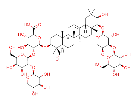 Molecular Structure of 1161733-96-5 (22-O-β-D-glucopyranosyl-(1->3)-α-L-arabinopyranosyl-3-O-β-D-xylopyranosyl-(1->2)-β-D-galactopyranosyl-(1->2)-β-D-glucuronopyranosyl-soyasapogenol A)