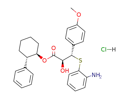 Molecular Structure of 138382-02-2 ((αS,βS,1R,2S)-β-<(2-aminophenyl)thio>-α-hydroxy-β-(4-methoxyphenyl)propanoic acid 2-phenylcyclohexyl ester hydrochloride)