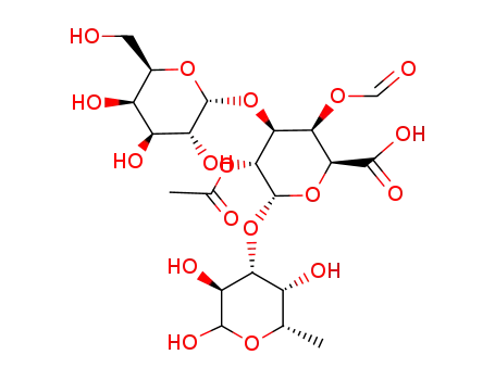 Molecular Structure of 89946-59-8 ((2S,3R,4S,5R,6S)-5-Acetoxy-3-formyloxy-4-((2R,3R,4S,5R,6R)-3,4,5-trihydroxy-6-hydroxymethyl-tetrahydro-pyran-2-yloxy)-6-((3S,4R,5R,6S)-2,3,5-trihydroxy-6-methyl-tetrahydro-pyran-4-yloxy)-tetrahydro-pyran-2-carboxylic acid)