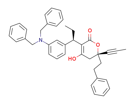 Molecular Structure of 188559-25-3 ([R-(R*,R*)]-3-[1-[3-[Bis(phenylmethyl)amino]phenyl]propyl]-5,6-dihydro-4-hydroxy-6-(2-phenylethyl)-6-(1-propynyl)-2H-pyran-2-one)