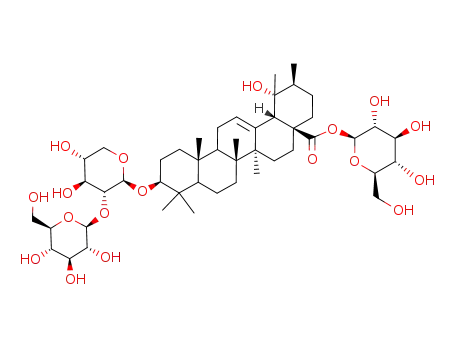 Molecular Structure of 88255-95-2 (Urs-12-en-28-oic acid,3-[(2-O-â-D-glucopyranosyl-R-Larabinopyranosyl) oxy]-19-hydroxy-,â-Dglucopyranosyl ester,(3â)- )