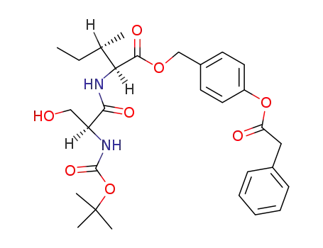Molecular Structure of 330970-67-7 ((2S,3S)-2-((S)-2-tert-Butoxycarbonylamino-3-hydroxy-propionylamino)-3-methyl-pentanoic acid 4-phenylacetoxy-benzyl ester)