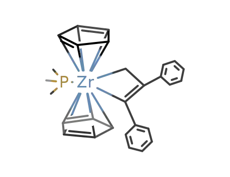Molecular Structure of 133911-65-6 (1,1-bis(η5-cyclopentadienyl)-2,3-diphenyl-1-(trimethylphosphane)-1-zirconacyclobut-2-ene)