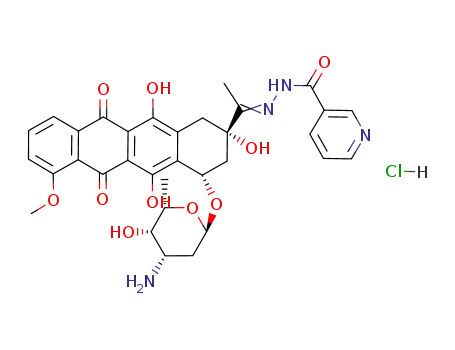 Molecular Structure of 110925-43-4 (Nicotinic acid [1-[(2S,4S)-4-((2R,4S,5S,6S)-4-amino-5-hydroxy-6-methyl-tetrahydro-pyran-2-yloxy)-2,5,12-trihydroxy-7-methoxy-6,11-dioxo-1,2,3,4,6,11-hexahydro-naphthacen-2-yl]-eth-(E)-ylidene]-hydrazide; hydrochloride)