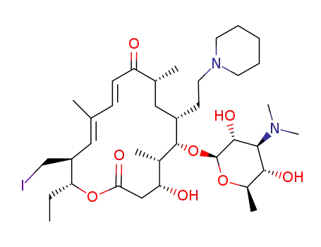 Molecular Structure of 1003024-02-9 ((4R,5S,6S,7R,9R,11E,13E,15S,16R)-6-(((2R,3R,4S,5S,6R)-4-(dimethylamino)-3,5-dihydroxy-6-methyltetrahydro-2H-pyran-2-yl)oxy)-16-ethyl-4-hydroxy-15-(iodomethyl)-5,9,13-trimethyl-7-(2-(piperidin-1-yl)ethyl)oxacyclohexadeca-11,13-diene-2,10-dione)