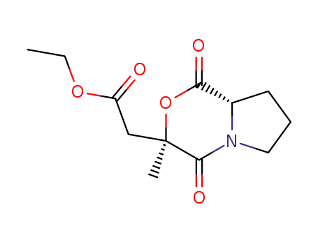 Molecular Structure of 205579-47-1 (((3R,8aS)-3-Methyl-1,4-dioxo-hexahydro-pyrrolo[2,1-c][1,4]oxazin-3-yl)-acetic acid ethyl ester)
