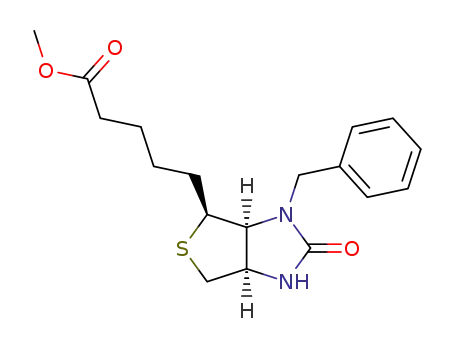 Molecular Structure of 83541-80-4 (<3aS-(3aα,4β,6aα)>-Hexahydro-2-oxo-3-(phenylmethyl)-1H-thieno<3,4-d>imidazole-4-pentanoic acid methyl ester)